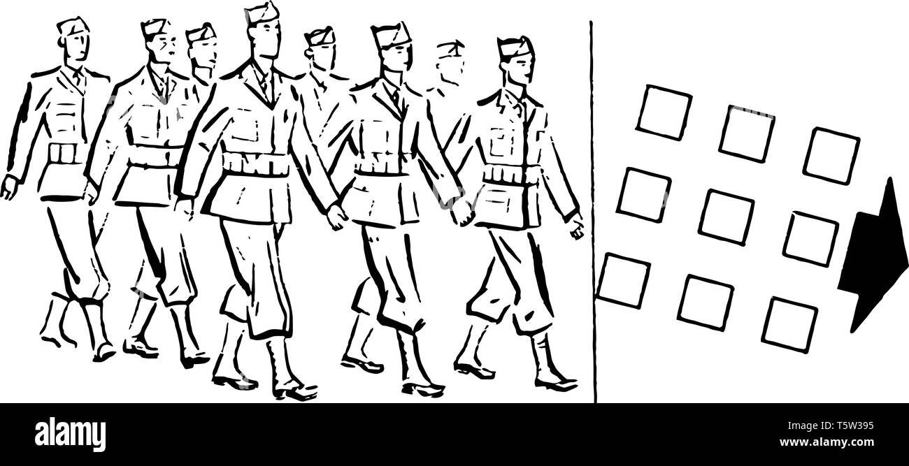 Il personale militare in marcia verso la destra che gli uomini sono in marcia, vintage disegno della linea di incisione o illustrazione. Illustrazione Vettoriale