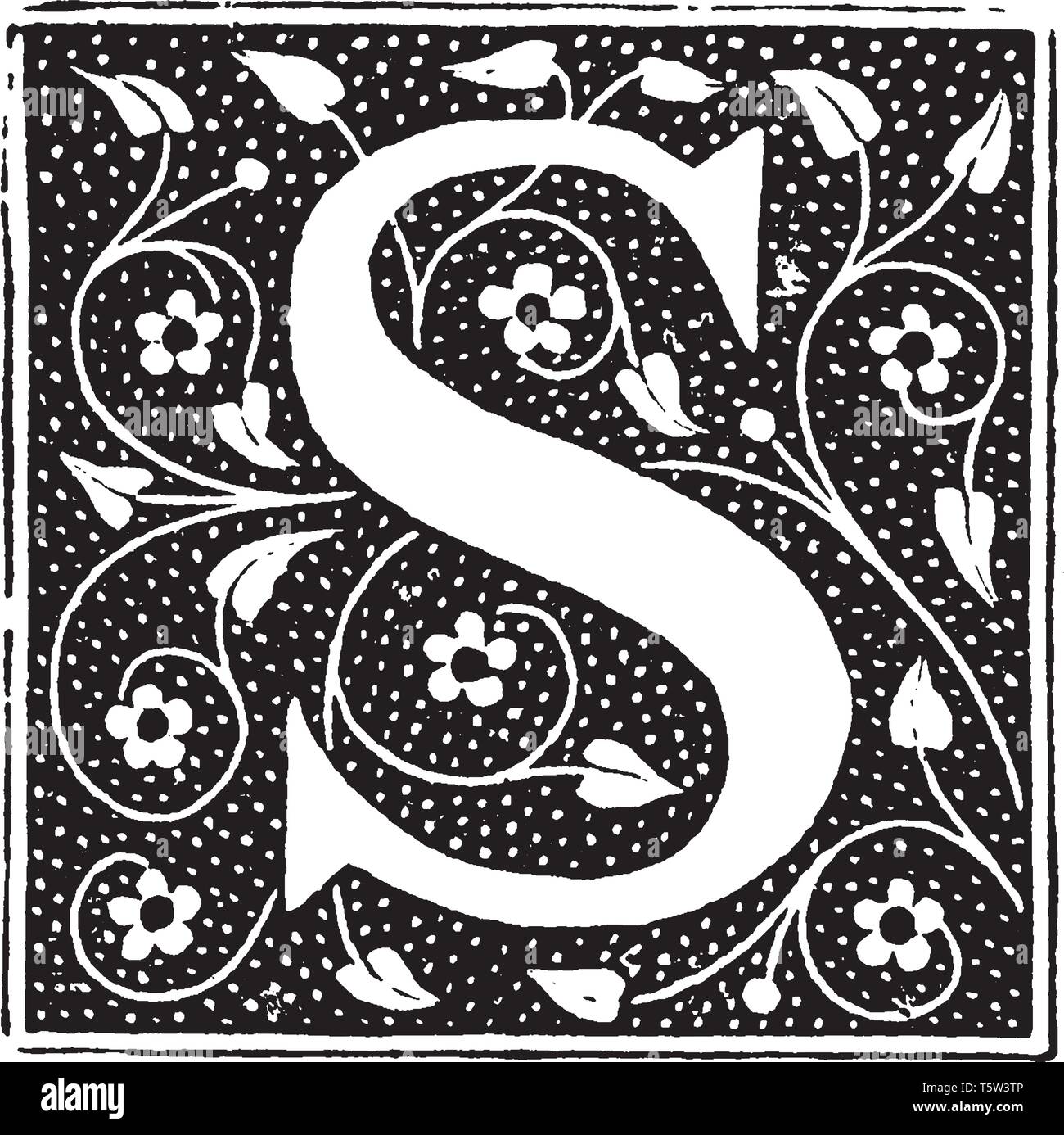 Un ornamento decorativo e la lettera S, vintage disegno della linea di incisione o illustrazione Illustrazione Vettoriale