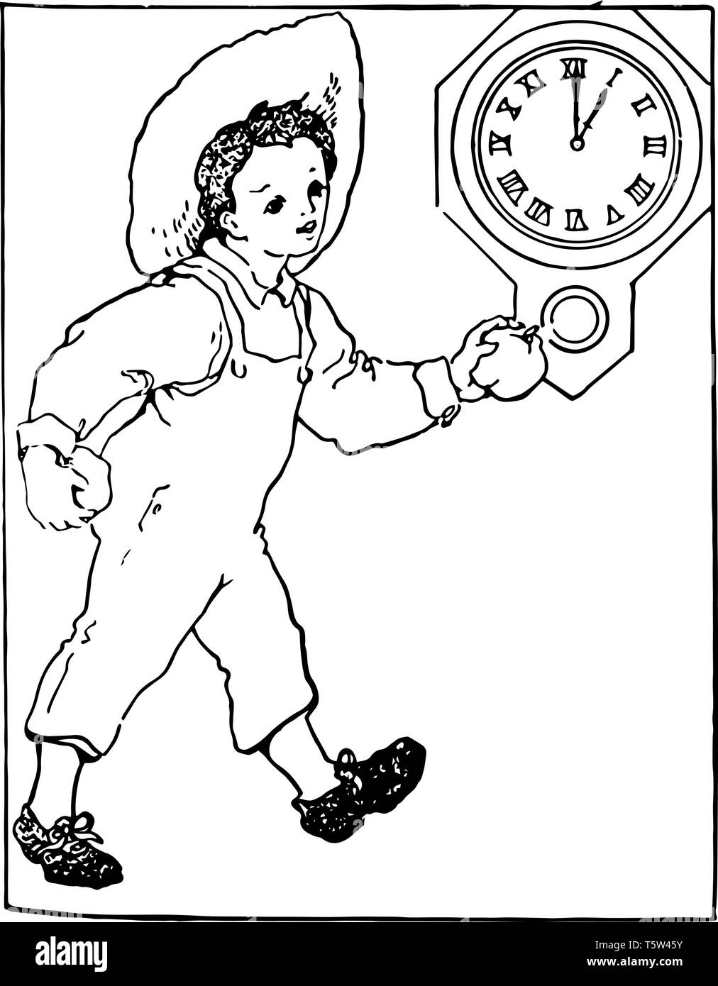 Immagine del bambino che passa attraverso la parte anteriore dell'orologio da parete. La temporizzazione è di 01:00 di clock, vintage disegno della linea di incisione o illustrazione. Illustrazione Vettoriale