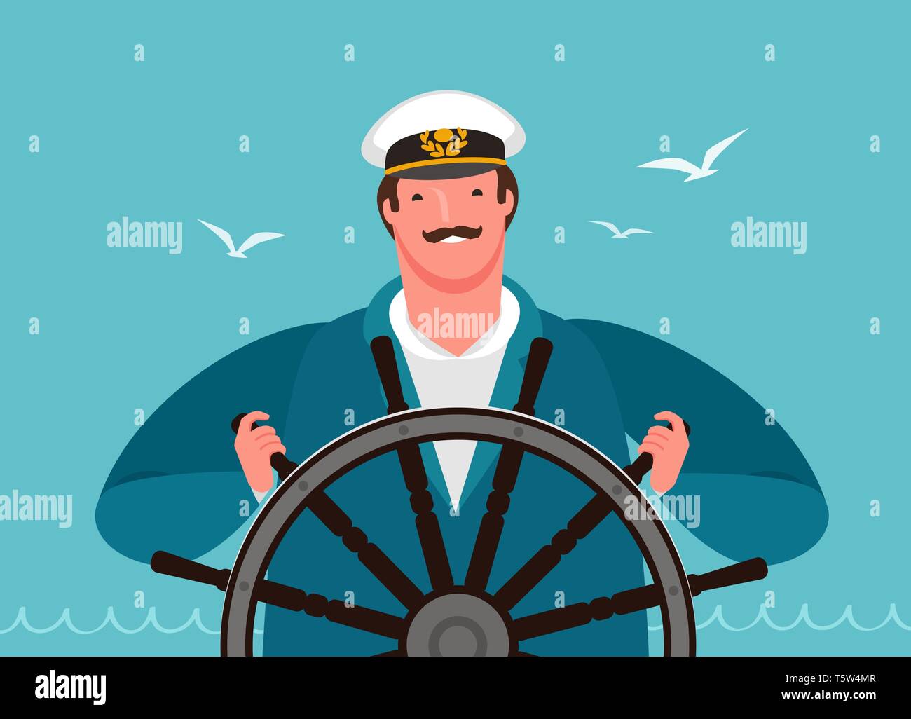 Marinaio al timone della nave. Barca a vela, crociera illustrazione vettoriale Illustrazione Vettoriale