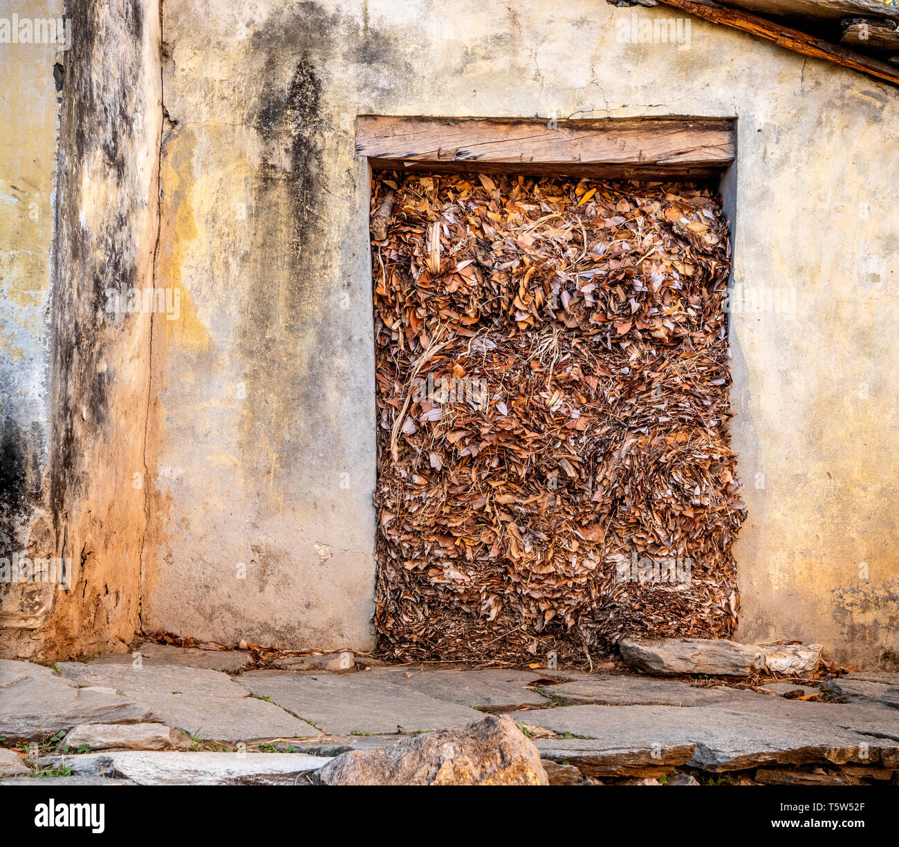 Porta in un fienile in Pindaro Valley Uttarakhand India pieno di foglie e sterco animale che sarà utilizzato per messo di nuovo sulla terra come concime organico Foto Stock