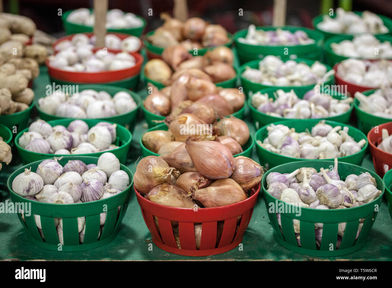 Benne di cipolle e aglio per la vendita su un mercato canadese di Montreal. La cultura di queste due lampadine sono tipici dell'agricoltura del pro Foto Stock