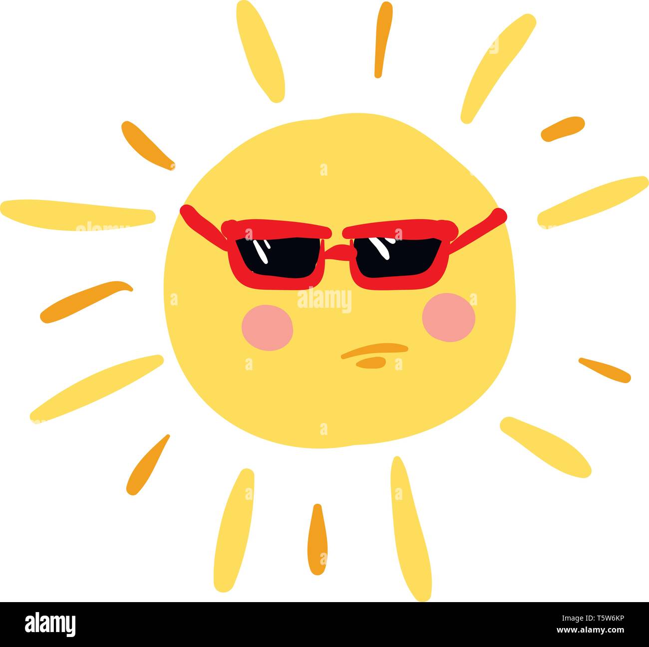 Un arrabbiato sun con bicchieri di rosso e rosa le guance, il vettore, il colore di disegno o illustrazione. Illustrazione Vettoriale