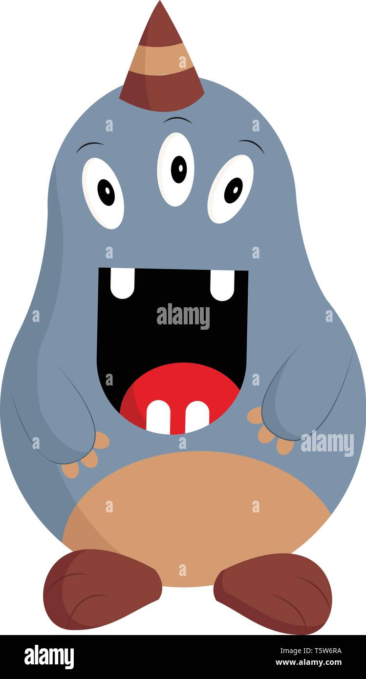 Un felice blue monster con 3 occhi, 4 dente, lingua rossa e un compleanno hat, cartoon, il vettore, il colore di disegno o illustrazione. Illustrazione Vettoriale