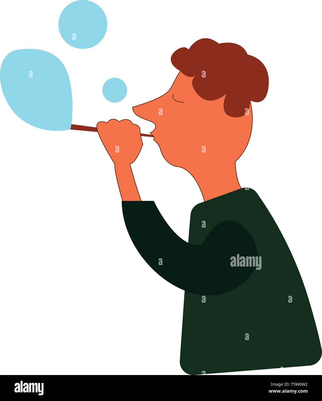 Un ragazzo in una camicia verde soffia un blu bolle colorate, cartoon, il vettore, il colore di disegno o illustrazione. Illustrazione Vettoriale