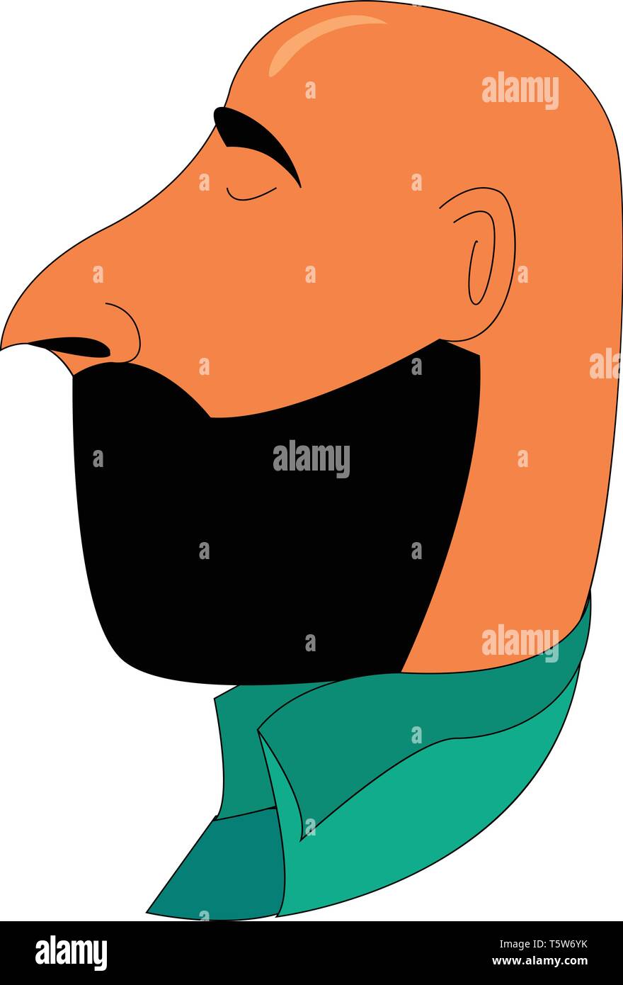 Un calvo uomo marrone con una faccia piena di barba e naso appuntito indossa una camicia verde e chiudendo gli occhi del vettore di disegno a colori o illustrazione Illustrazione Vettoriale