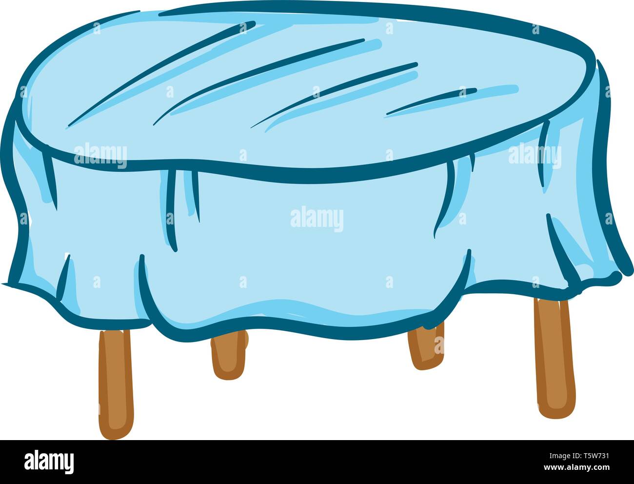 Una tabella di colore marrone con una tovaglia blu e visibili quattro gambe del tavolo di vettore di disegno a colori o illustrazione Illustrazione Vettoriale