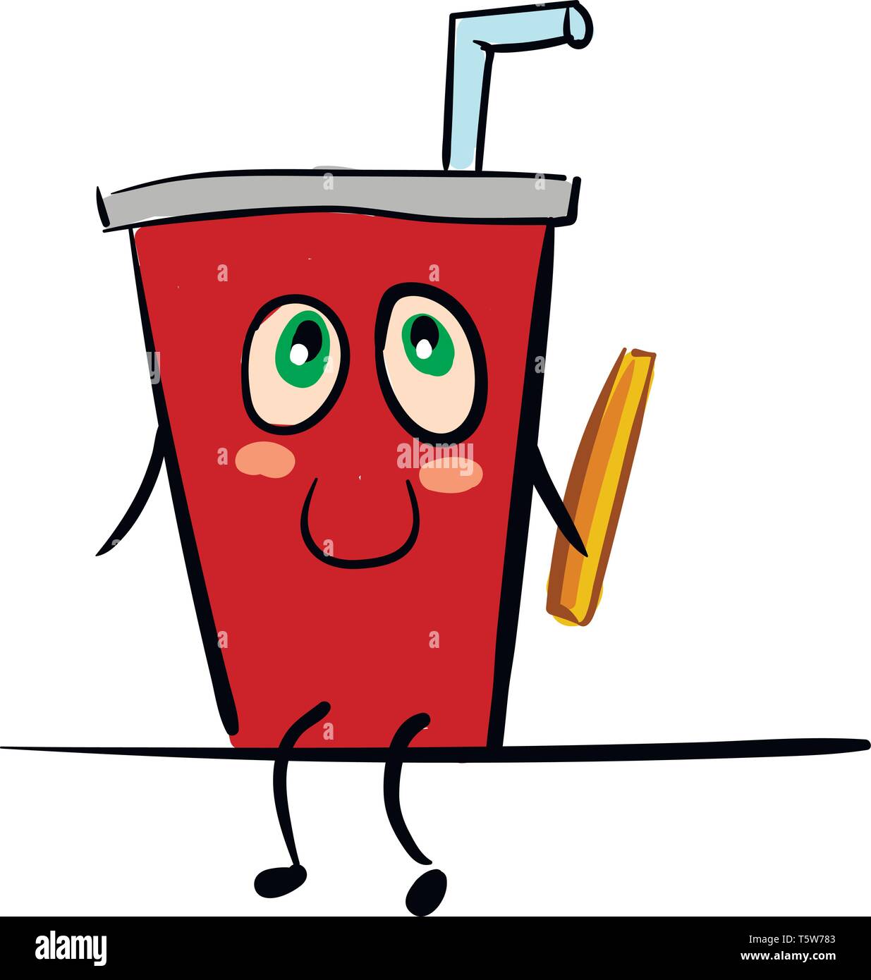 Una tazza monouso di cola con una paglia blu posto all'interno di essa aventi una faccina sorridente e tenendo un francese vettore rfi il colore di disegno o illustrazione Illustrazione Vettoriale