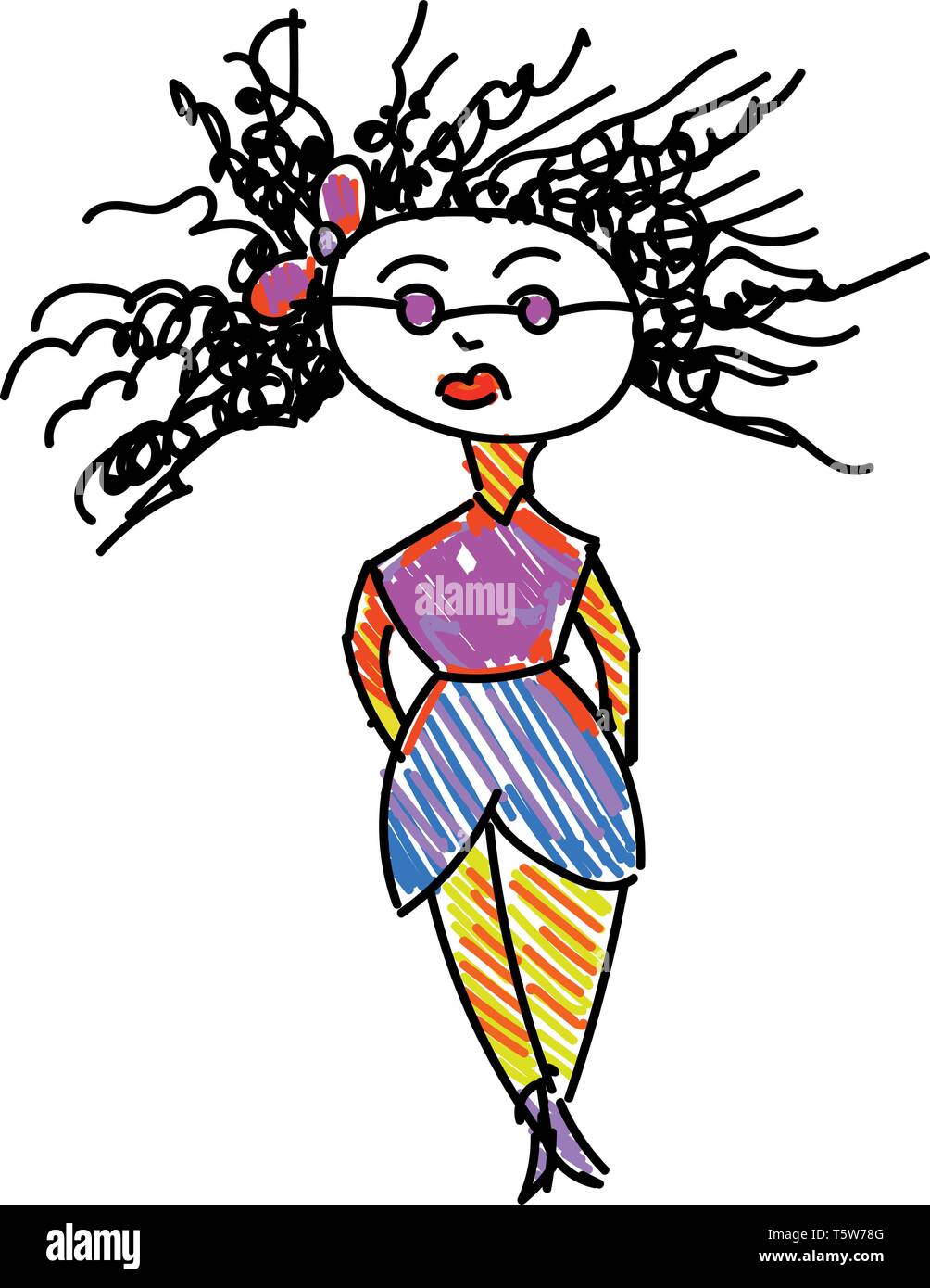 Un disegno di una donna con capelli ricci abbigliamento colorato viola occhiali da sole e una prua sulla testa del vettore di disegno a colori o illustrazione Illustrazione Vettoriale