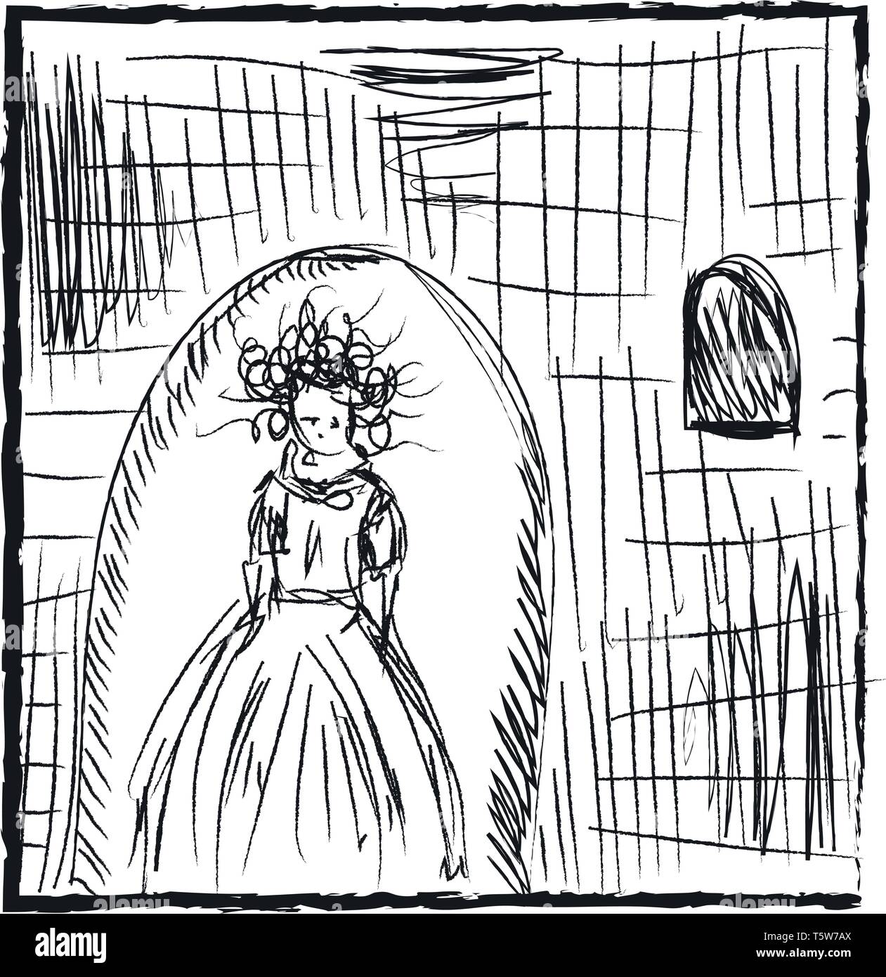 Un disegno a matita di una ragazza con i capelli ricci che indossa un abito  e che vivono in un vecchio castello di vettore di disegno a colori o  illustrazione Immagine e