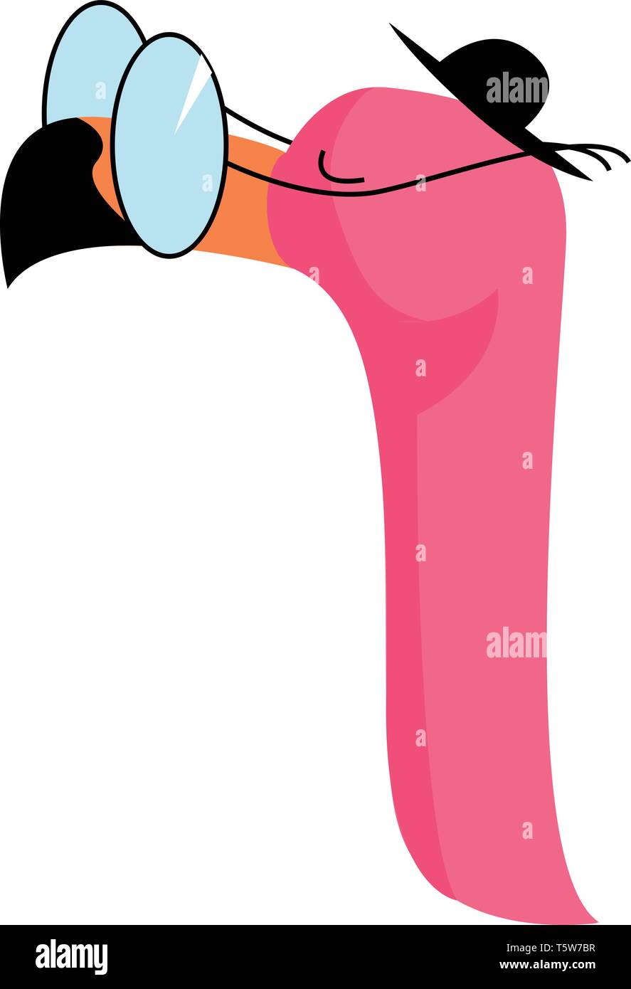 Un fenicottero rosa indossando occhiali arrotondati e un cappello nero vettore di disegno a colori o illustrazione Illustrazione Vettoriale