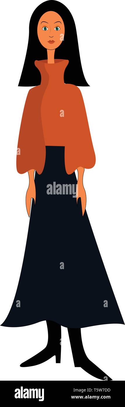 Una ragazza con lunghi capelli neri che indossa un maglione marrone lunga gonna nera e un paio di stivali neri vettore di disegno a colori o illustrazione Illustrazione Vettoriale