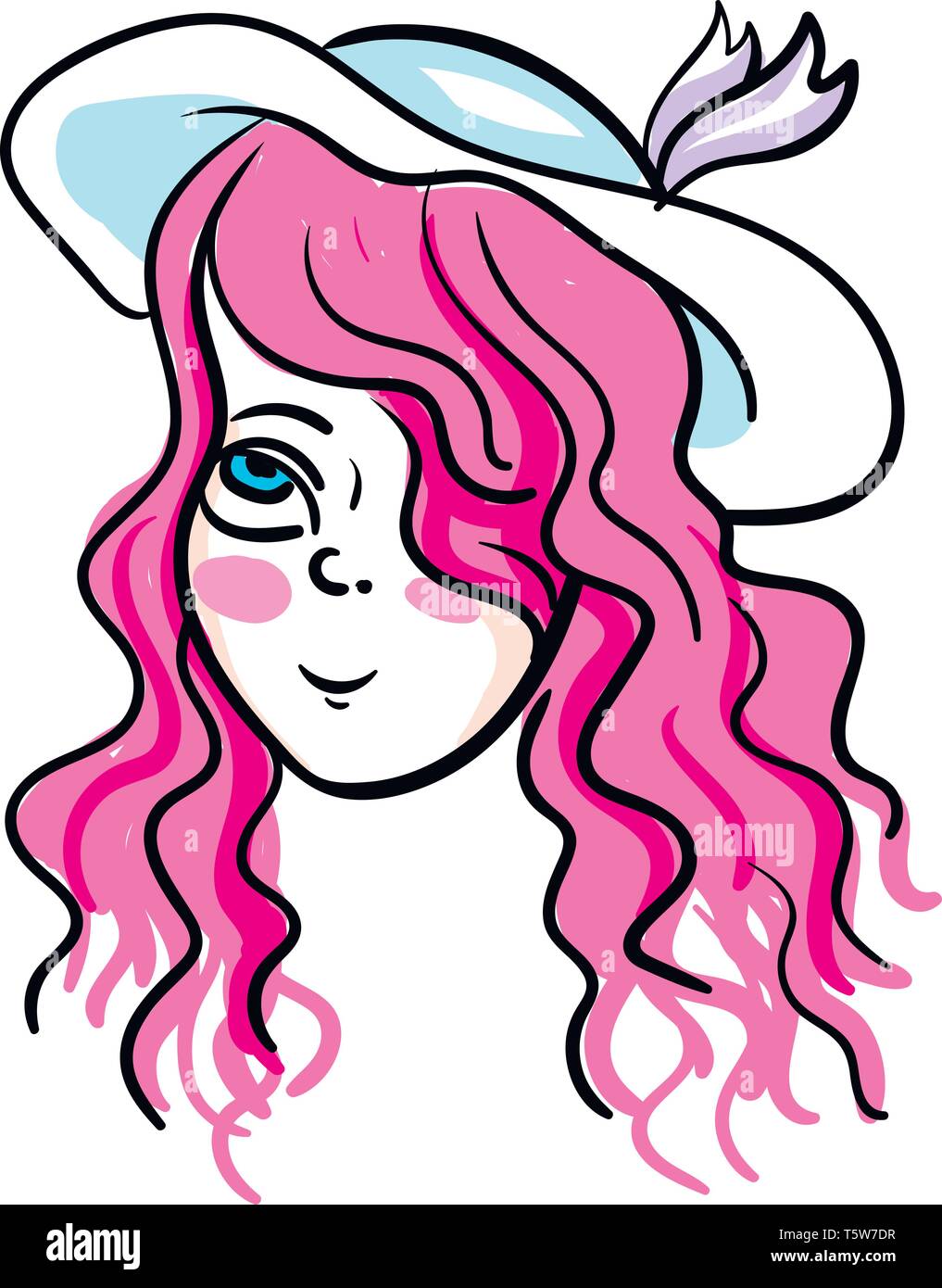 Una ragazza con il rosa dei capelli ondulati indossando una luce blu con cappello di un viola vettore di prua il colore di disegno o illustrazione Illustrazione Vettoriale