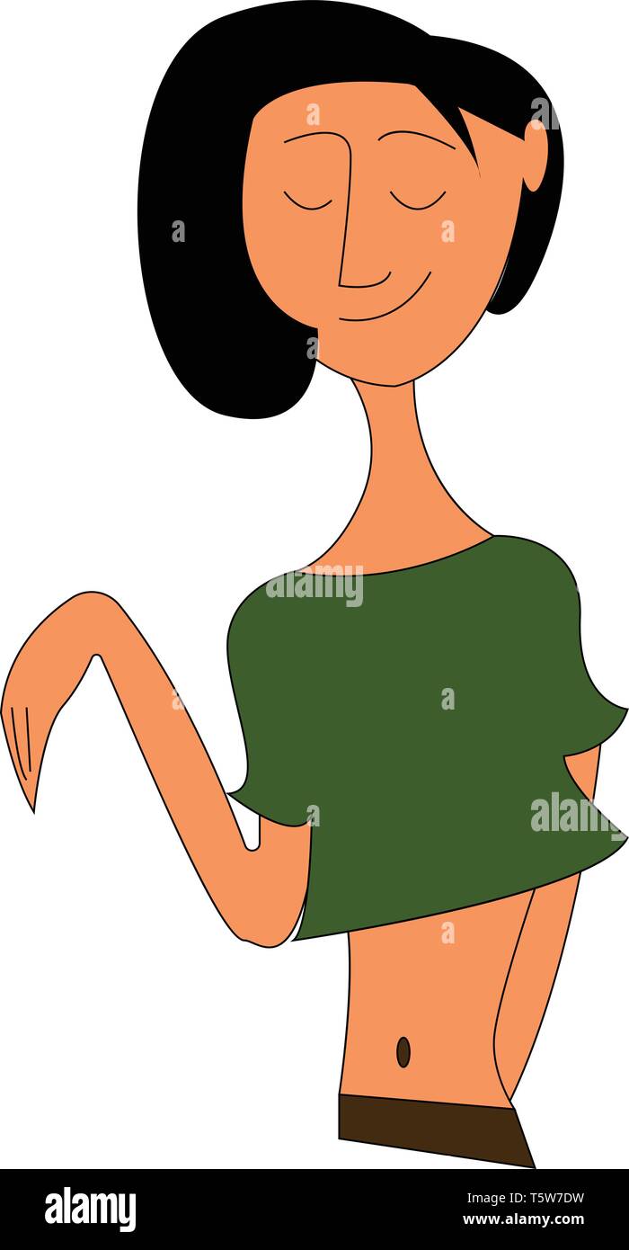Una donna asiatica con corti capelli neri che indossa un basso raccolto verde vettore superiore il colore di disegno o illustrazione Illustrazione Vettoriale