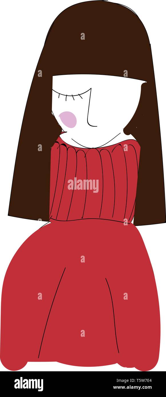 Una ragazza con rettilinei lunghi capelli castani indossare una polo rossa maglione collo vettore di disegno a colori o illustrazione Illustrazione Vettoriale