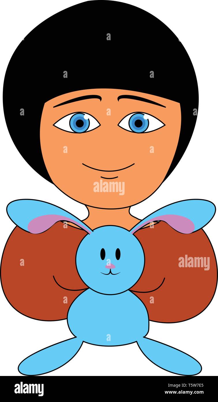 Una piccola ragazza con i capelli neri e gli occhi blu tenendo un farcite blue bunny vettore di disegno a colori o illustrazione Illustrazione Vettoriale