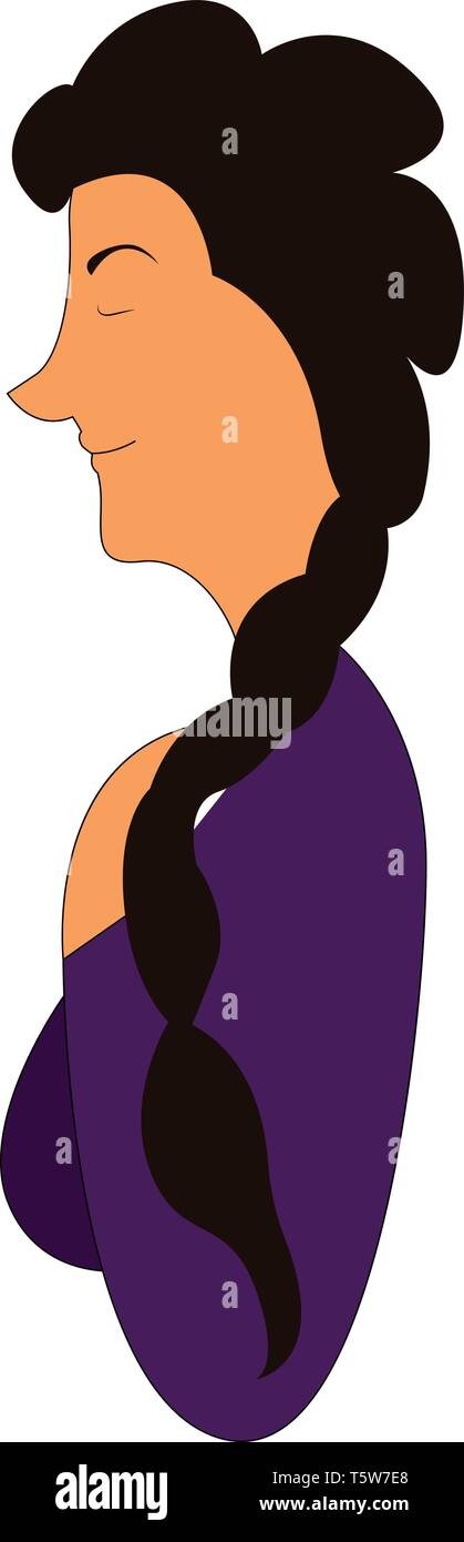 Una signora con lunghi capelli neri che è intrecciato ad un lato e indossa una viola vettore superiore il colore di disegno o illustrazione Illustrazione Vettoriale