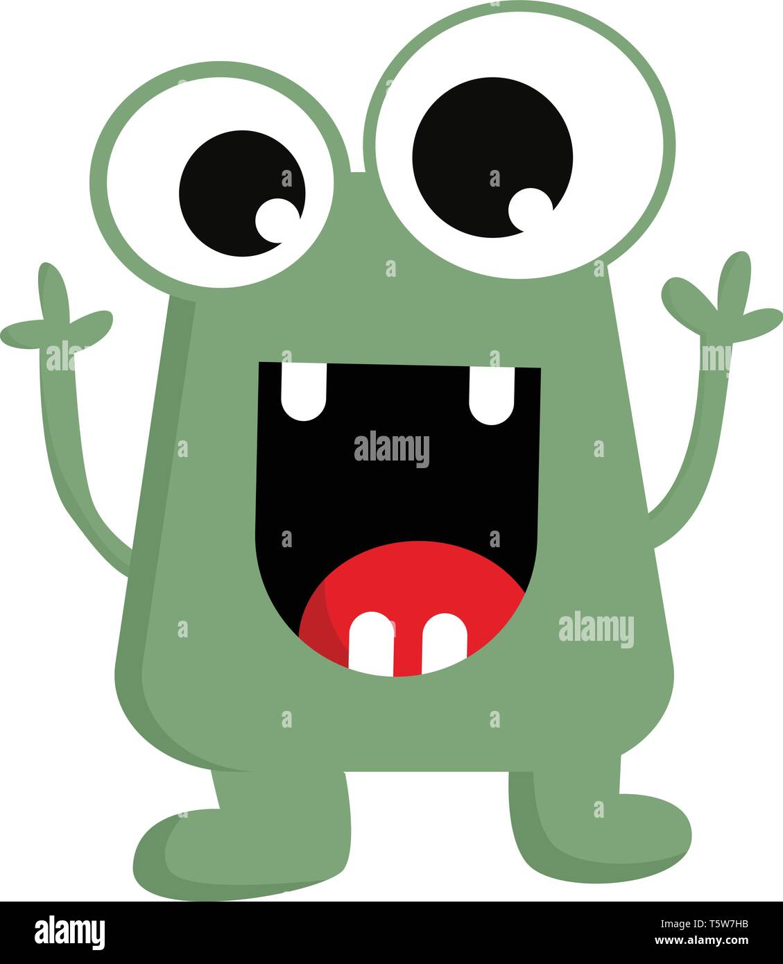 Un mostro verde con quattro denti e occhi sporgenti alzare le mani mentre ridono vettore di disegno a colori o illustrazione Illustrazione Vettoriale