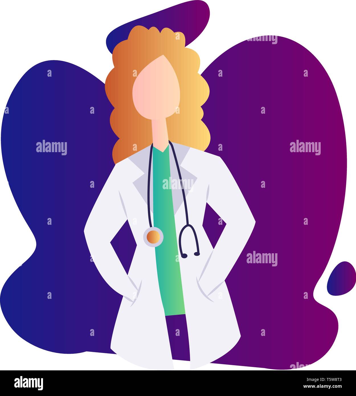 Medico donna con ricci capelli biondi all'interno di un blu e viola forma professione di vettore illustrazione su sfondo bianco Illustrazione Vettoriale