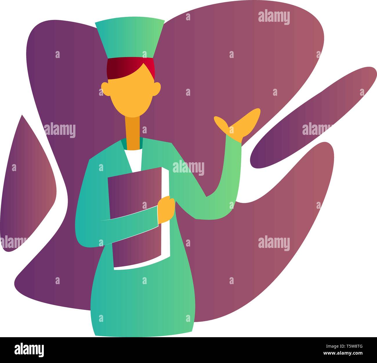 Colorata illustrazione vettoriale di un infermiere tenendo un record di fronte a forme di porpora su sfondo bianco Illustrazione Vettoriale