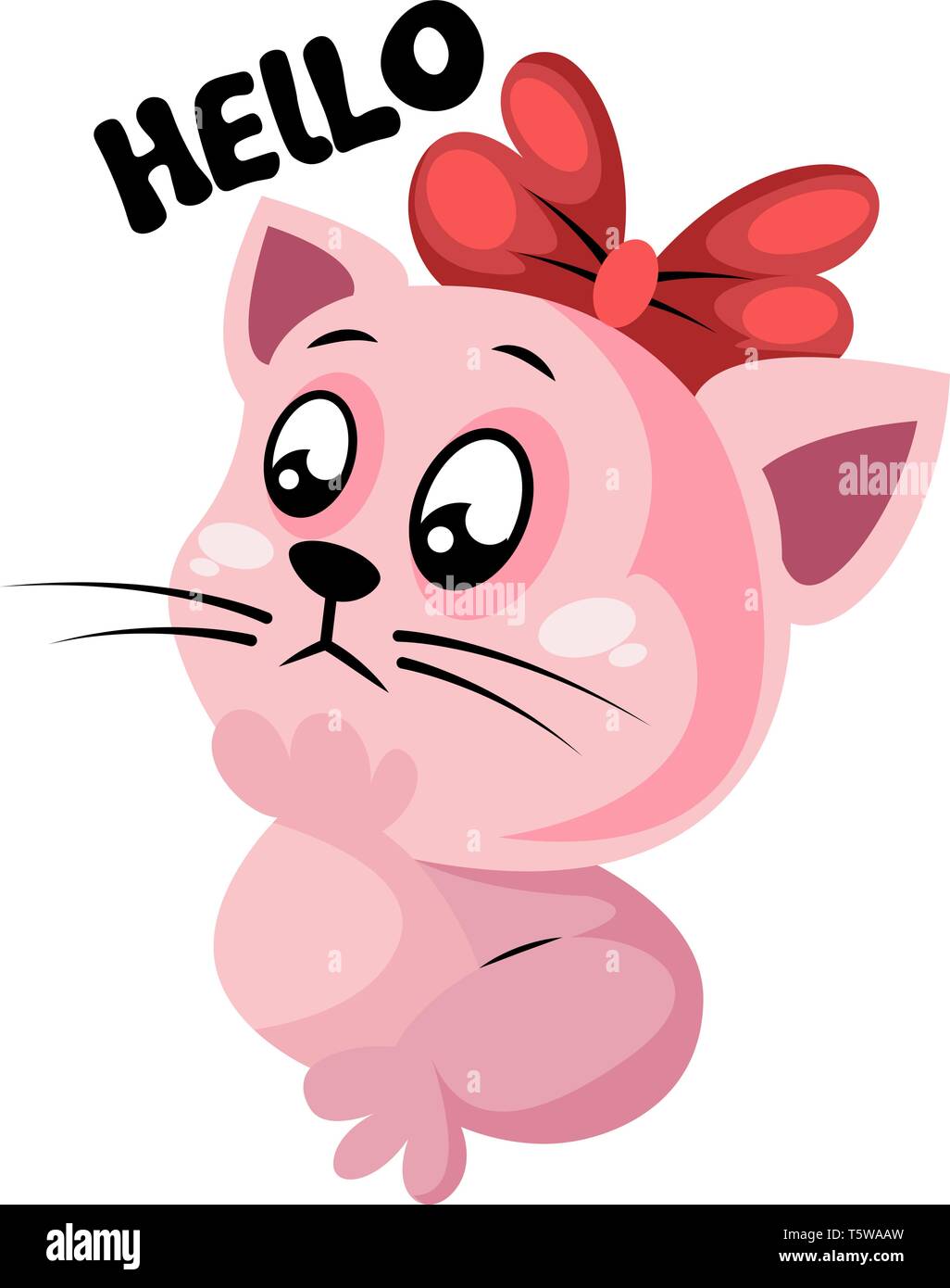 Baby Pink kitty con fiocco rosso dicendo Ciao illustrazione vettoriale su sfondo bianco Illustrazione Vettoriale