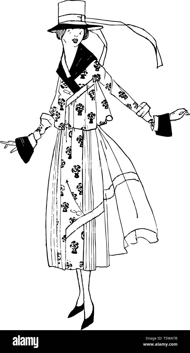 Nei primi anni del XX secolo ha vestito di un cappello a cilindro con un lungo nastro vintage disegno della linea di incisione o illustrazione. Illustrazione Vettoriale