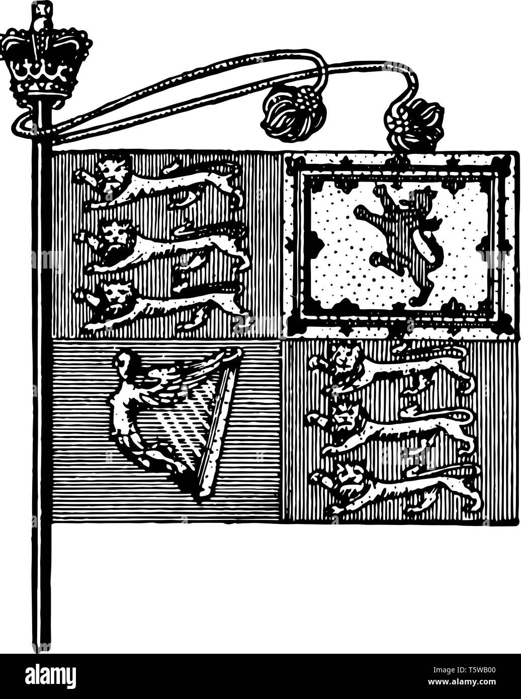 Il Royal Standard è una bandiera della Gran Bretagna, è diviso in quattro quadranti, in basso a sinistra è la cetra, in alto a sinistra ha 3 leoni, destra superiore ha lion ve Illustrazione Vettoriale