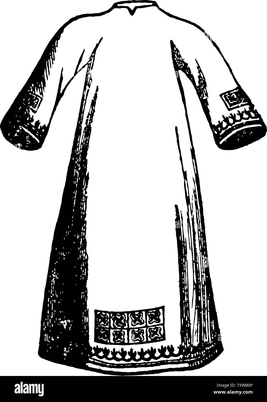 Albe era lunga biancheria bianca vestimenti indossati nei primi tempi da tutti gli ecclesiastici al servizio divino vintage disegno della linea di incisione o illustrazione. Illustrazione Vettoriale