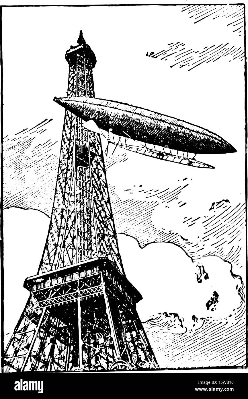 Dirigibile di arrotondamento è la Torre Eiffel navigare attraverso l'aria al di sotto della propria potenza sollevare da grandi sacche di gas vintage disegno della linea o incisione illustrat Illustrazione Vettoriale