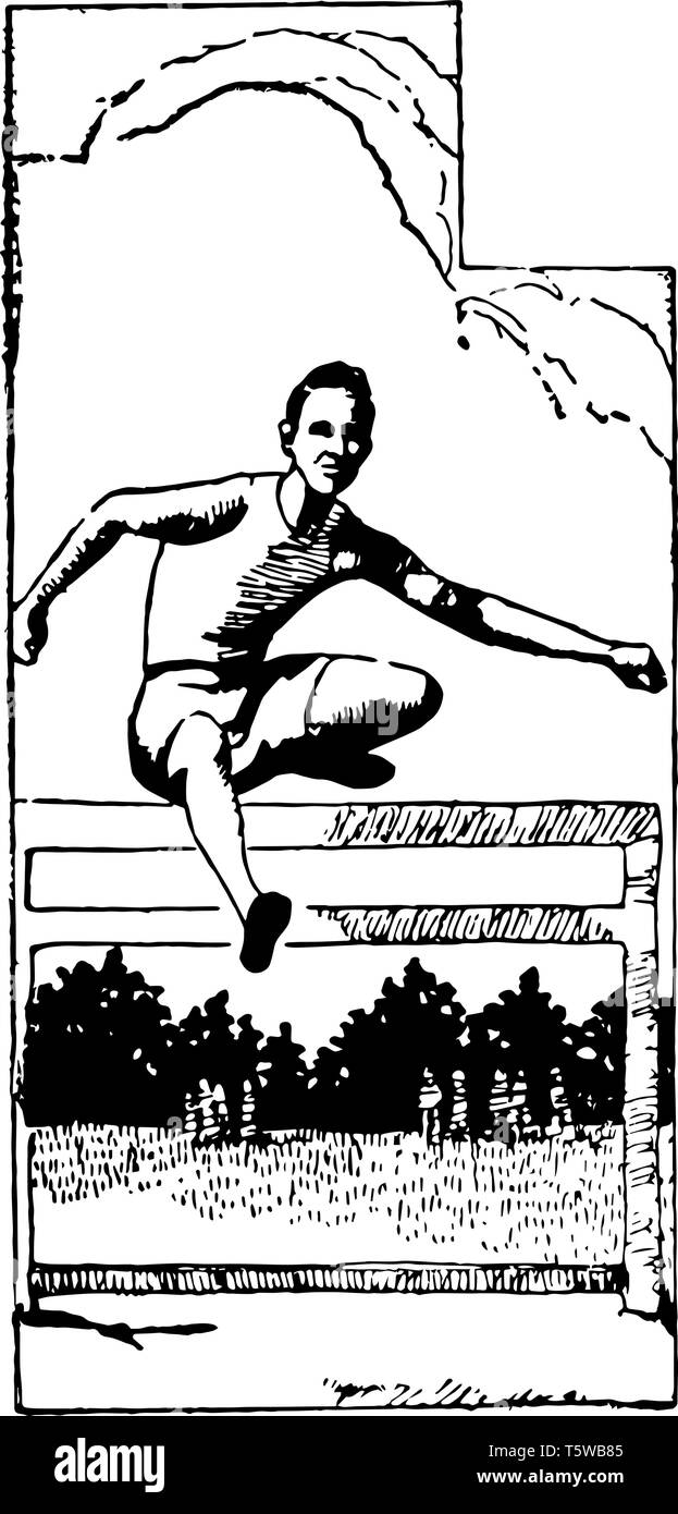 In questa immagine di un uomo è saltando su un ostacolo. Questa è una parte di sport vintage disegno della linea di incisione o illustrazione. Illustrazione Vettoriale