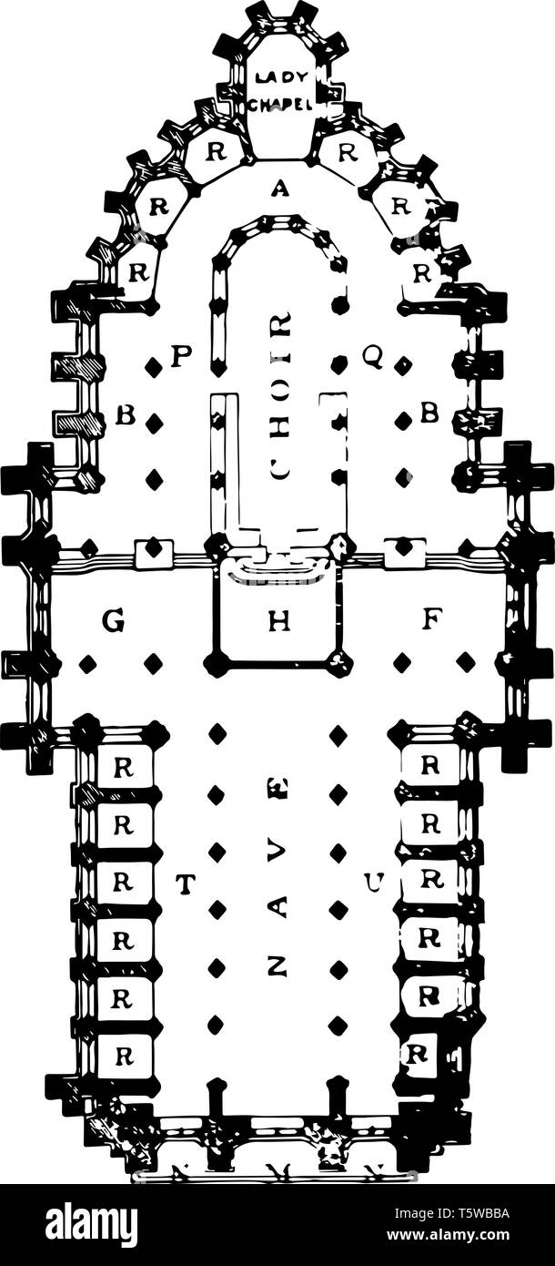 La cattedrale di Amiens navata absidata torre centrale porta occidentale a nord e a sud di corridoi di navata vintage disegno della linea di incisione o illustrazione. Illustrazione Vettoriale