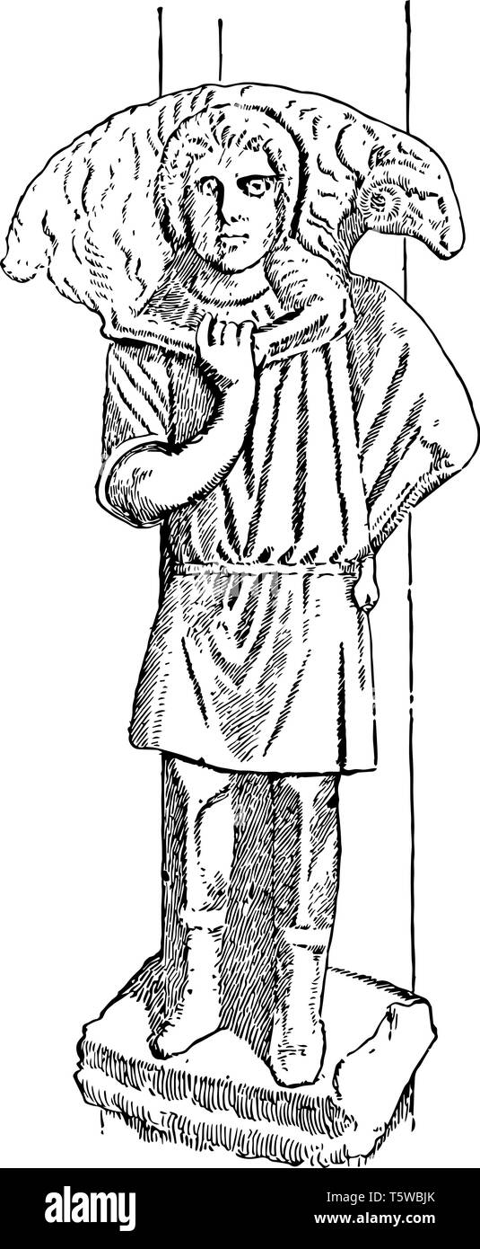 Cristo il Buon Pastore è la più antica statua di Cristo vintage disegno della linea di incisione o illustrazione. Illustrazione Vettoriale