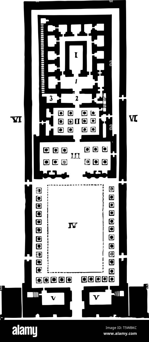 Piano terreno di Edfou, Edfou aveva una volta una seconda propylon, Massa-piano di Luxor un ispezione, viale di Sfingi, vintage disegno della linea o incisione di illu Illustrazione Vettoriale