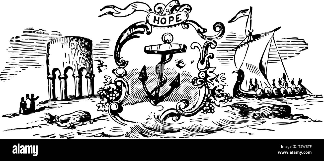 Il sigillo ufficiale del periodo coloniale in Rhode Island nel 1636 si presenta con un edificio con quattro pilastri nel lato sinistro al centro un elemento di ancoraggio a forma di scudo in sid di destra Illustrazione Vettoriale