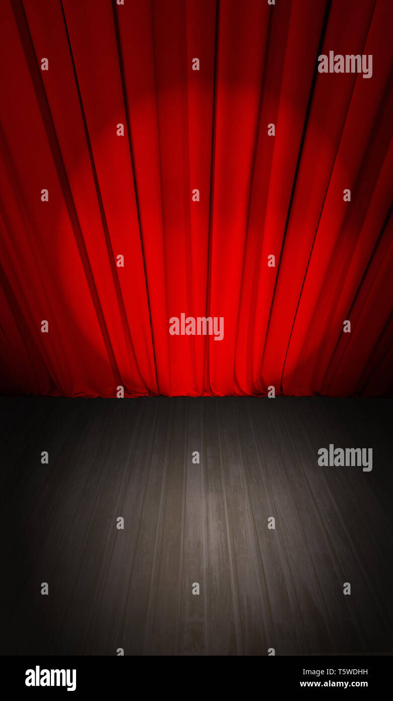 Chiusura del teatro tenda rossa e palcoscenico in legno o scena vista superiore Foto Stock