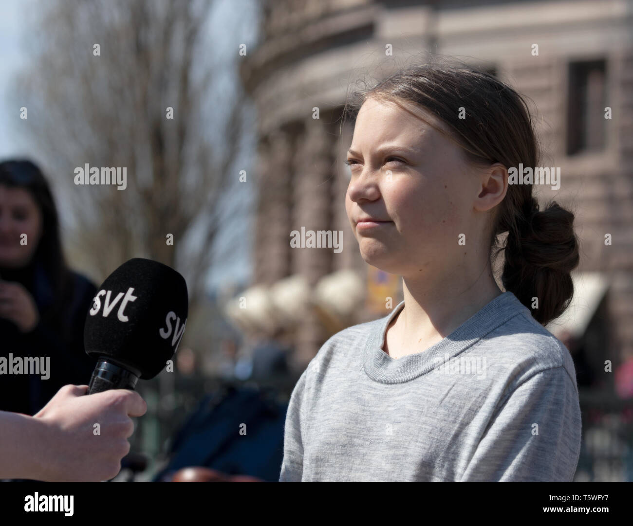 Stoccolma, Svezia. 26 Aprile, 2019. 16-anno-vecchio clima svedese Greta attivista Thunberg dimostrando a Stoccolma il venerdì. Intervistato da T svedese Foto Stock