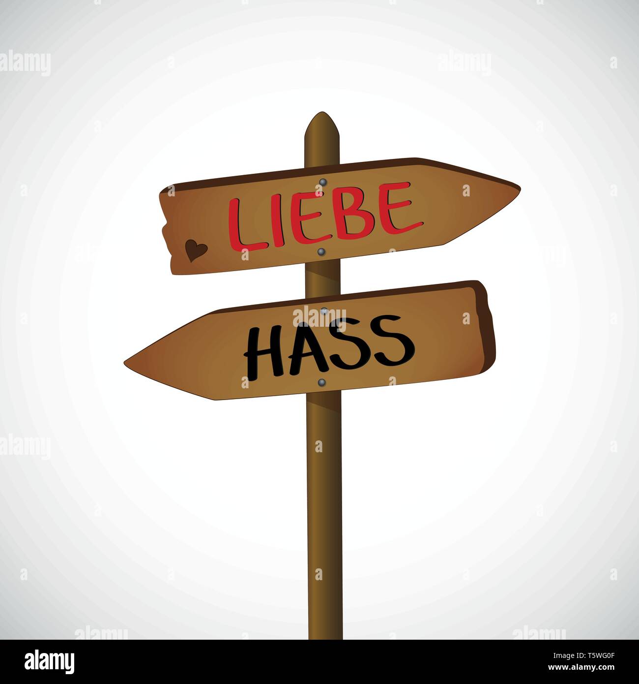 Amore e odio testo tedesco sul cartello in legno illustrazione vettoriale EPS10 Illustrazione Vettoriale