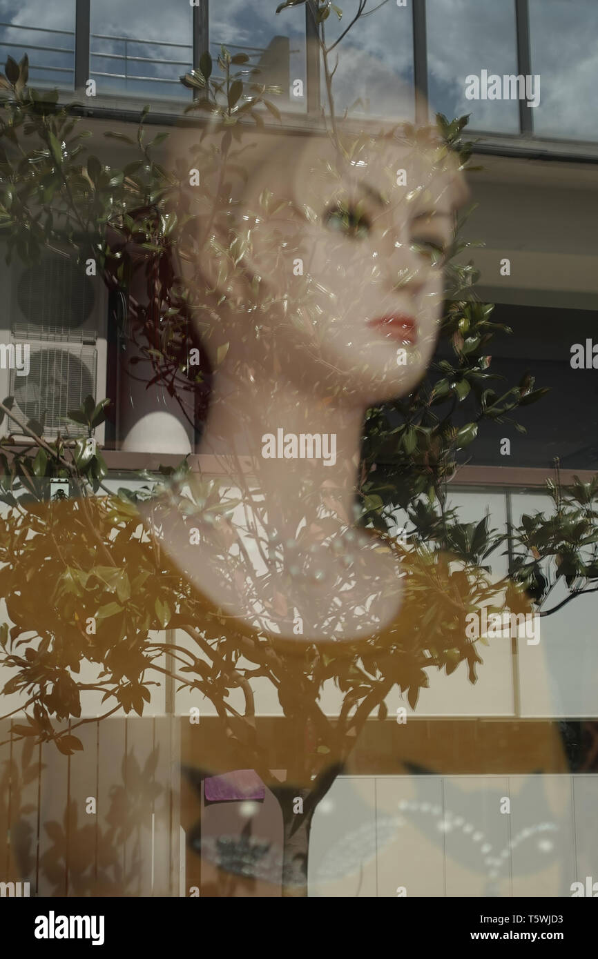 Manichino testa di bambola e rami di alberi riflessa sulla finestra storefront. Abstract di sfocatura. Foto Stock