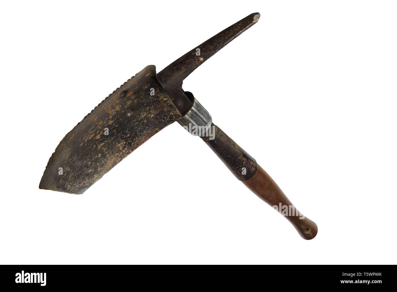 Militare pieghevole portatile pala, vecchia pala pala sporca, isolato su sfondo nero. , Alta risoluzione galleria di immagini. Foto Stock