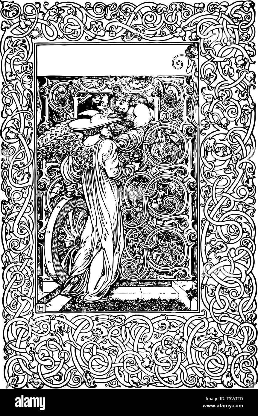 La casa della gioia titolo drammaturgo inglese per la copertina del libro libro di bordo della piastra Illustrator laurence houseman fiore di scorrimento pagina titolo finestra linea vintage d Illustrazione Vettoriale