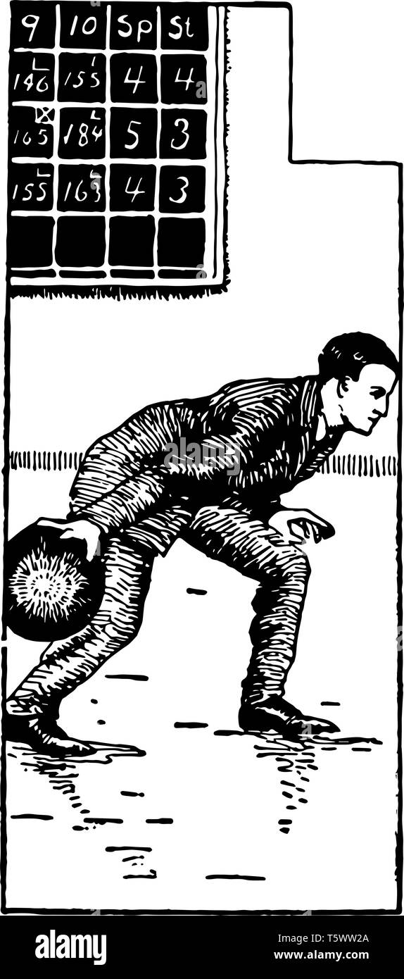 Un uomo è in procinto di lanciare la palla durante il bowling vintage disegno della linea di incisione o illustrazione. Illustrazione Vettoriale