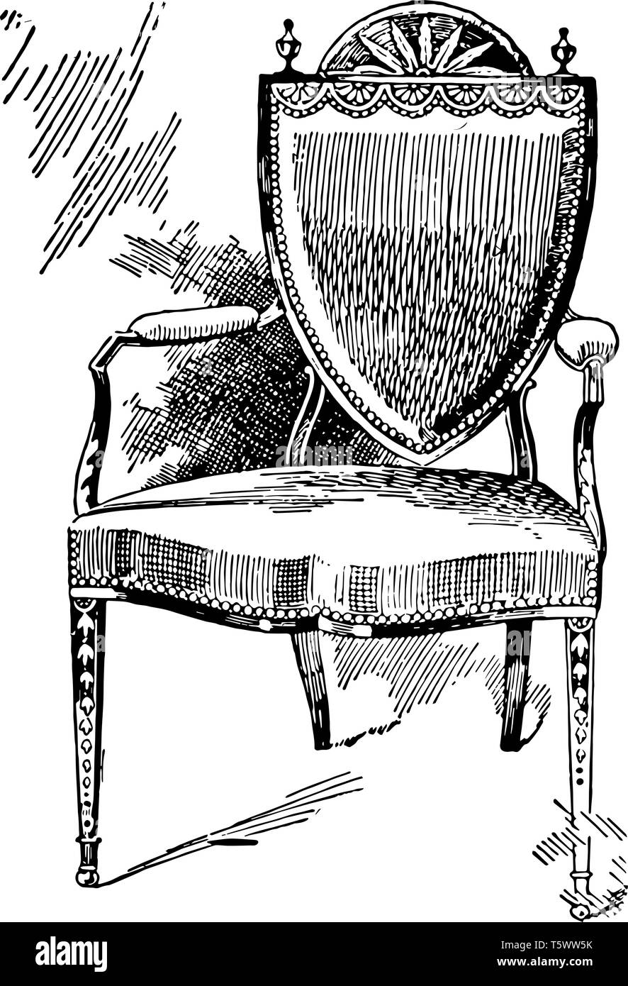 Poltroncina progettata da Heppel bianco è a forma di scudo schienale imbottito esili gambe anteriori vintage disegno della linea di incisione o illustrazione Illustrazione Vettoriale