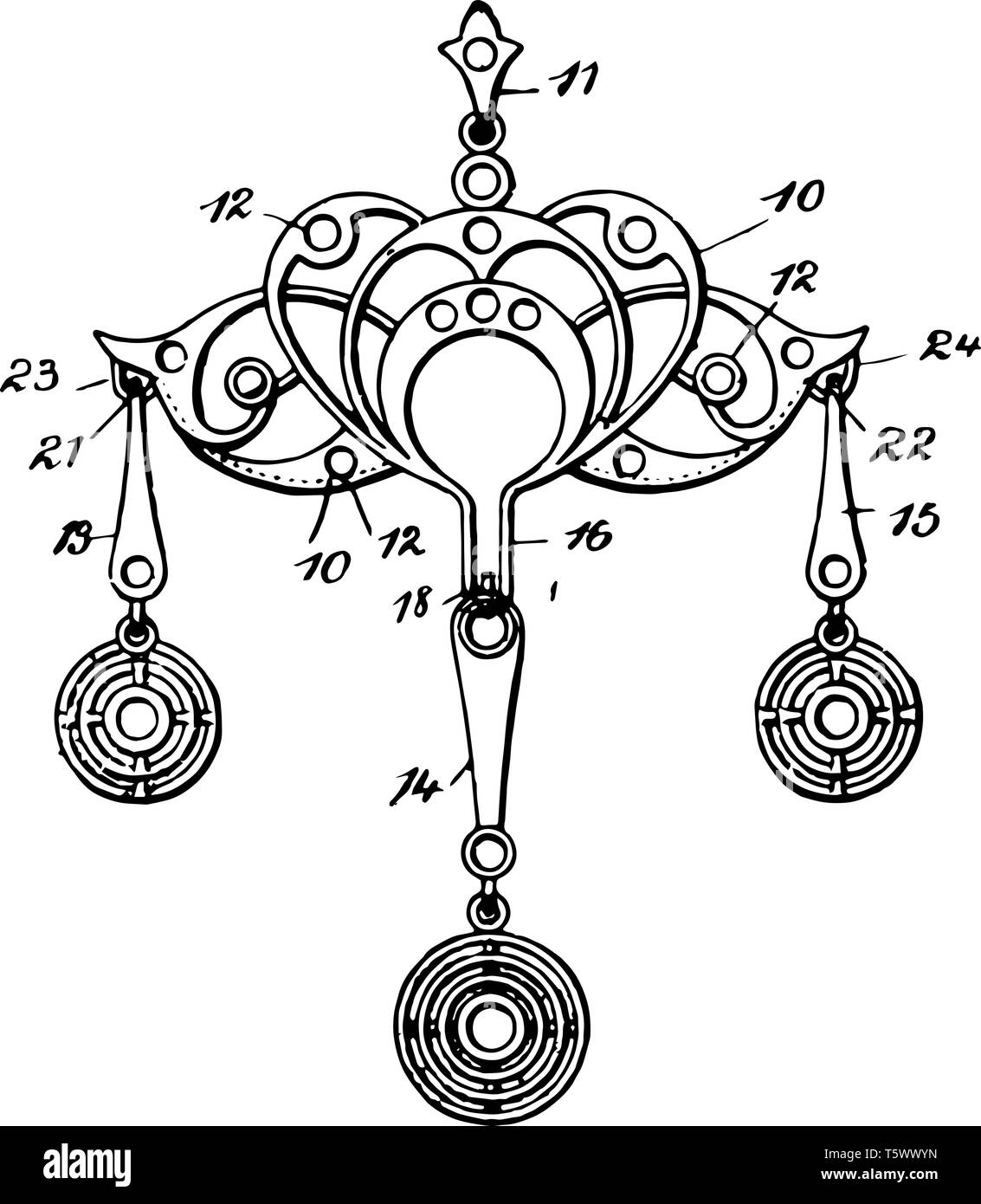 Auricolare gioielli fatti di metalli preziosi insieme con gemme o imitazione gemme vintage disegno della linea di incisione o illustrazione. Illustrazione Vettoriale