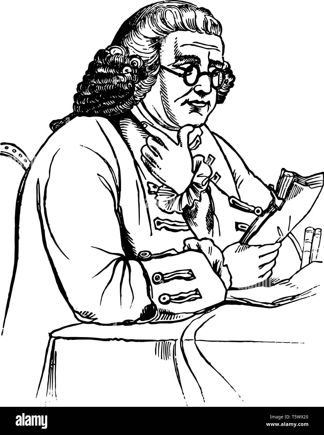Benjamin Franklin fu uno dei padri fondatori degli Stati Uniti d'America bicchieri autore inventori un teorico politico scienziato pensando vintage dra di linea Illustrazione Vettoriale