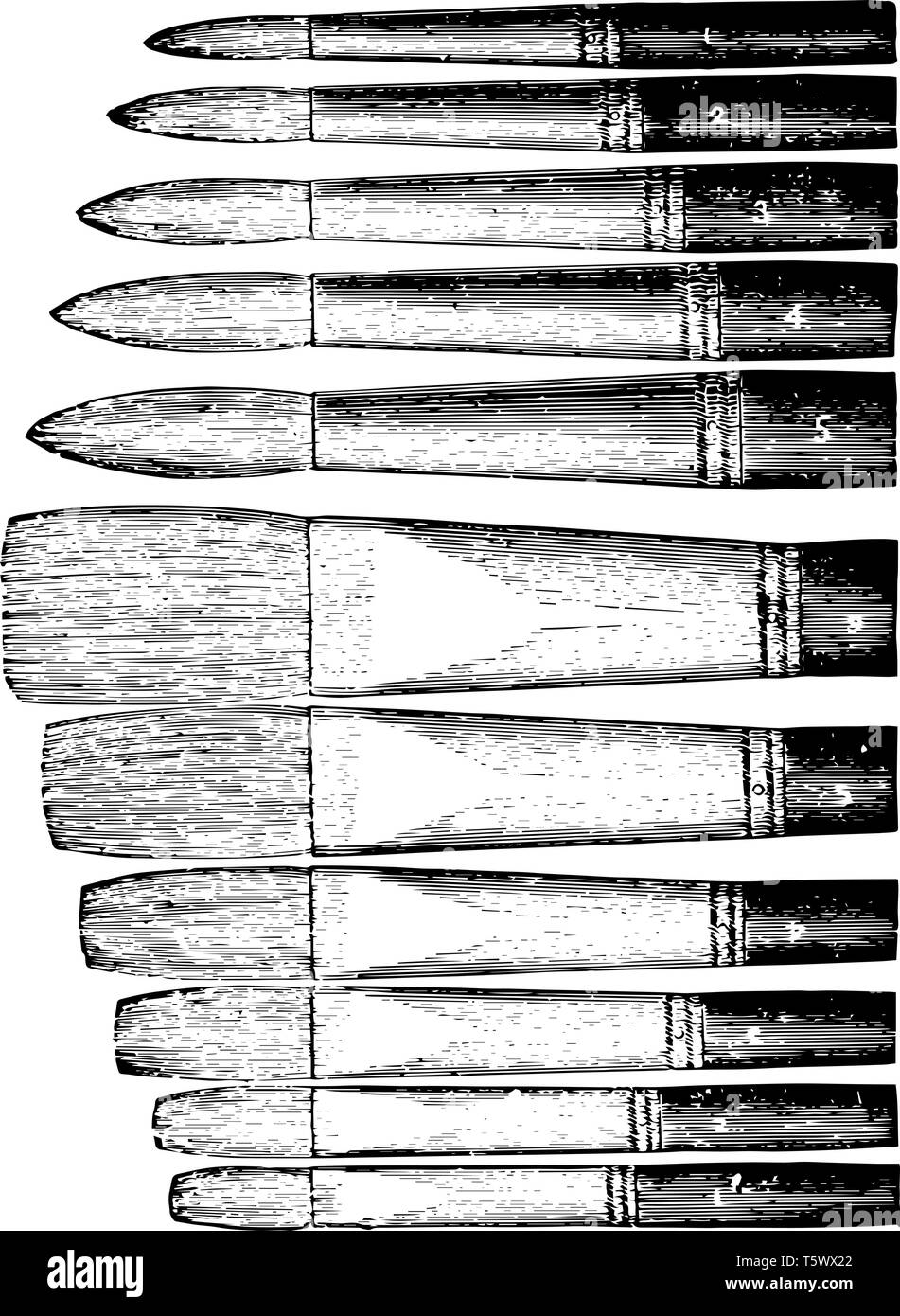 Gli artisti delle spazzole di setola sono spazzole piatte vintage disegno della linea di incisione o illustrazione. Illustrazione Vettoriale