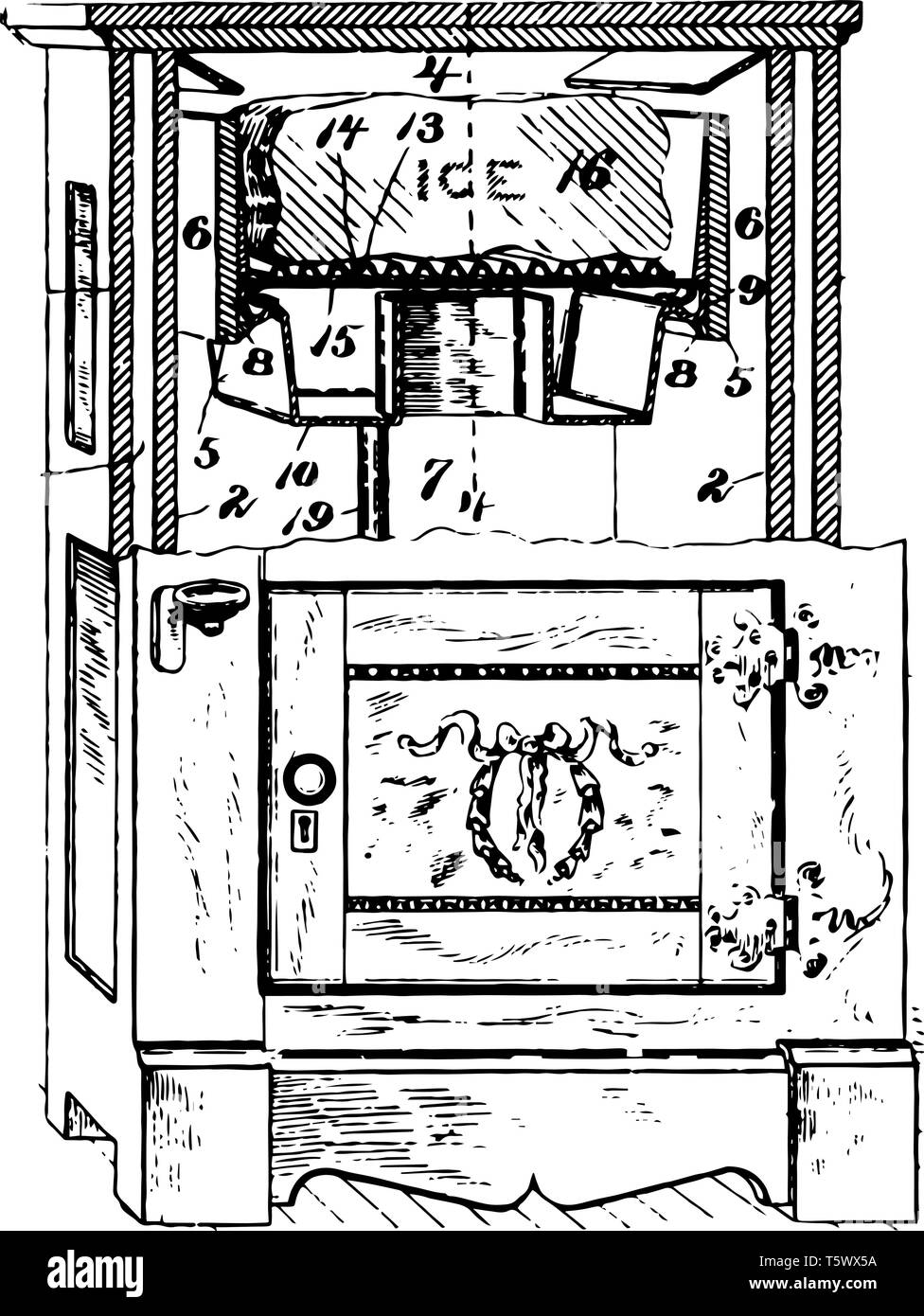 I primi modelli di frigorifero era unità domestica con un armadio metallico e vano di freddo per il cubo di ghiaccio in cima vintage disegno della linea o incisione illustratio Illustrazione Vettoriale