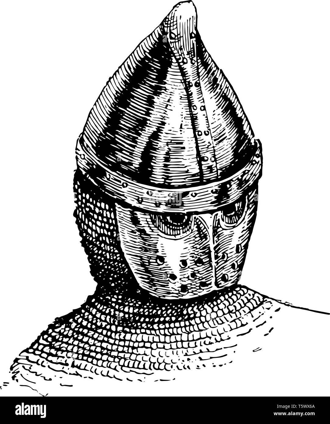 Maschera di acciaio è stata una illustrazione di un tredicesimo secolo vintage disegno della linea di incisione o illustrazione. Illustrazione Vettoriale