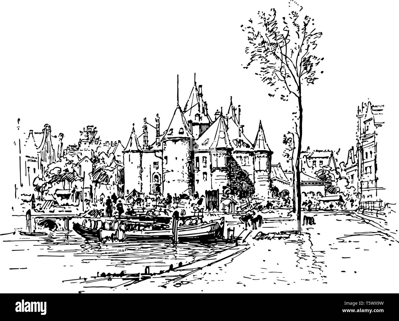 Città è un insediamento umano più grande di un villaggio ma minore di una città vintage disegno della linea di incisione o illustrazione. Illustrazione Vettoriale