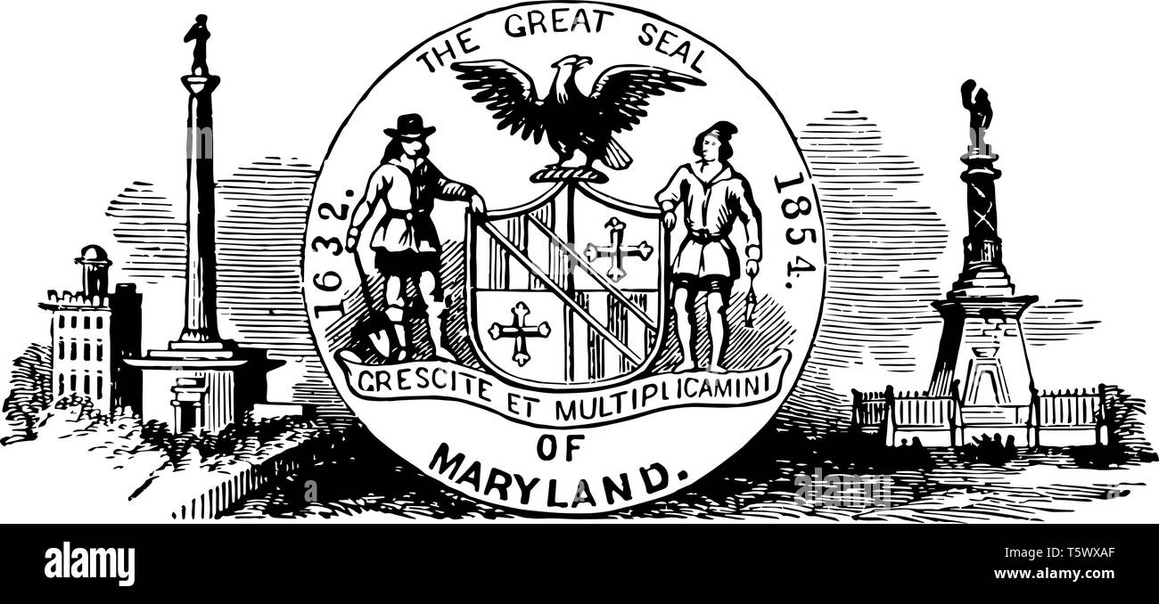 La guarnizione di tenuta del periodo coloniale in Maryland una colonia britannica nel 1632 questa guarnizione mostra cerchio al centro con un Plowman e un pescatore a sostegno di una protezione sopra th Illustrazione Vettoriale