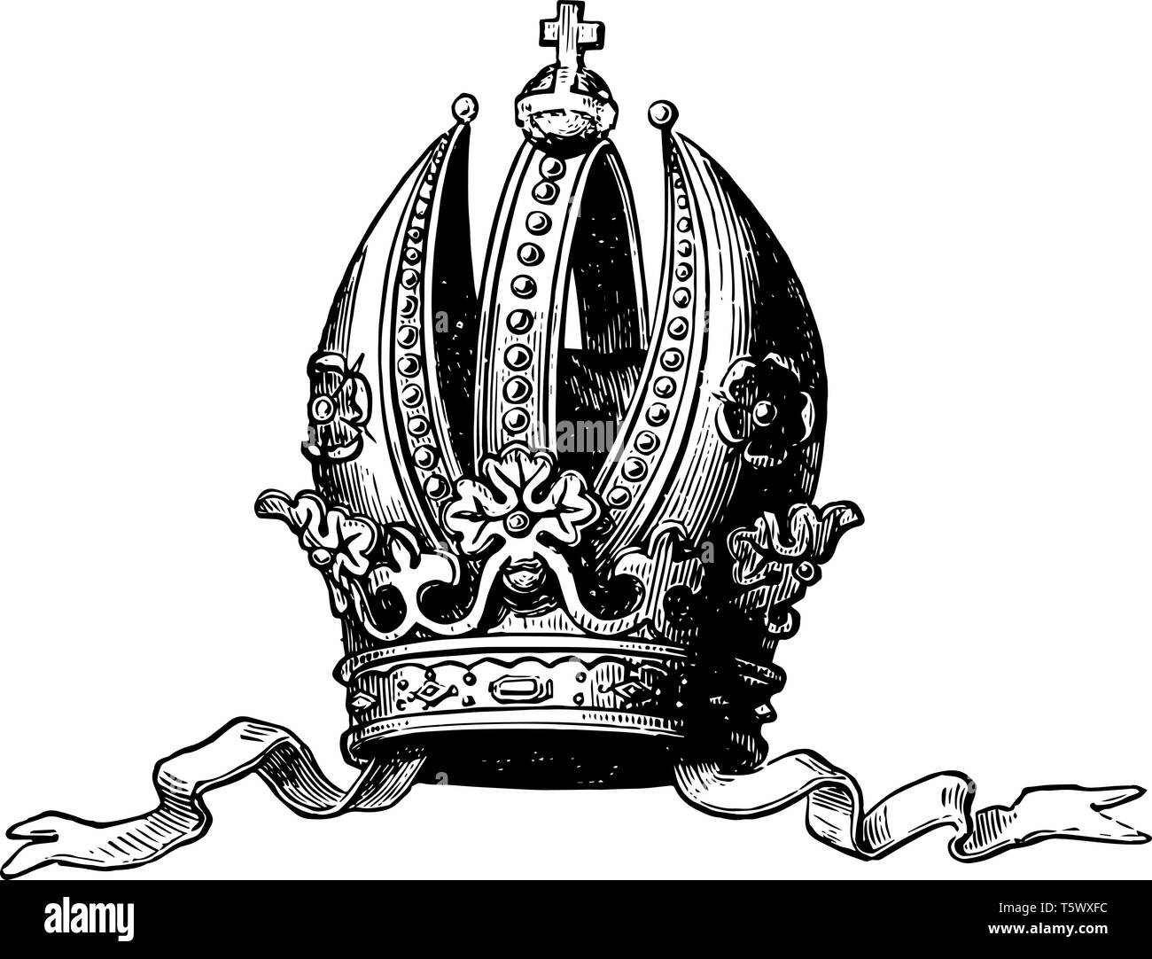 Corona imperiale d'Austria assomiglia molto a il mitre episcopali vintage disegno della linea di incisione o illustrazione. Illustrazione Vettoriale